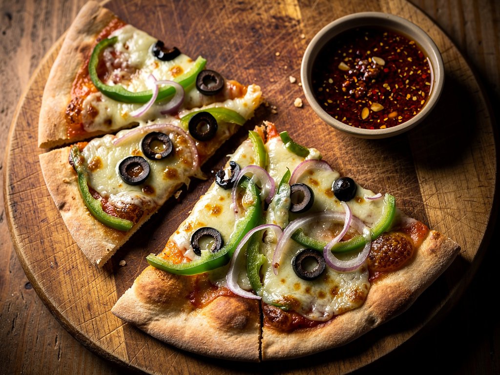 Roasted Green Pepper and Black Olive Flatbread with Chili Garlic Butter