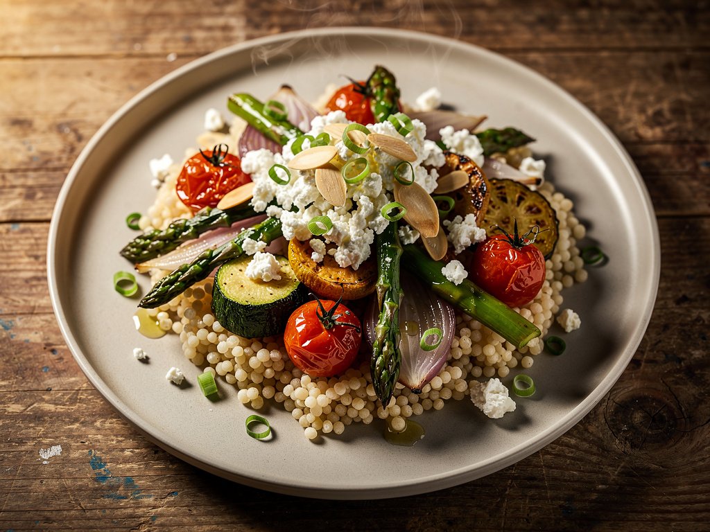 Roasted Mediterranean Vegetables with Couscous, Almonds, and Feta