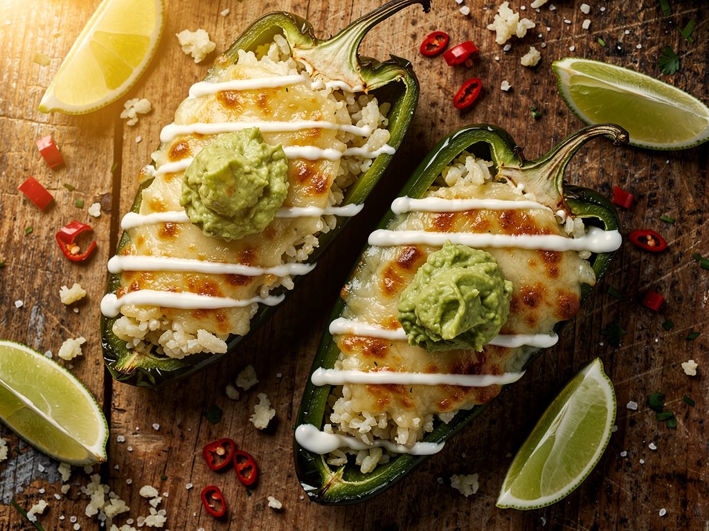 Roasted Poblano Peppers Stuffed with Cauliflower Rice and Guacamole