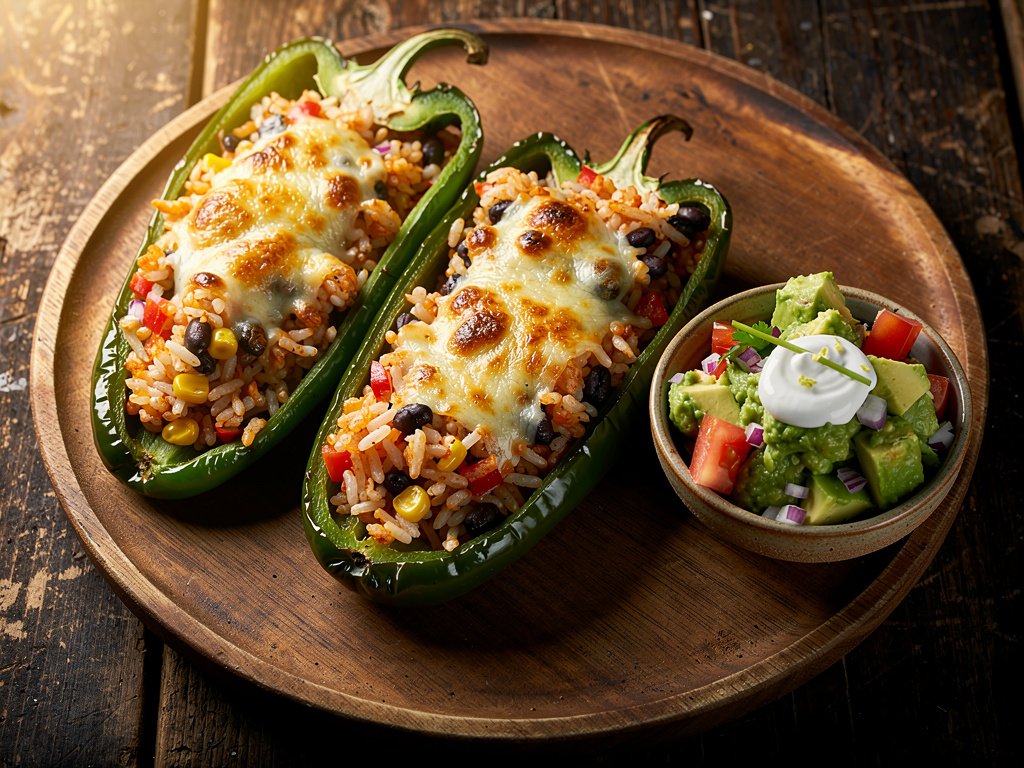 Roasted Poblano Peppers Stuffed with Southwest Rice and Cheese