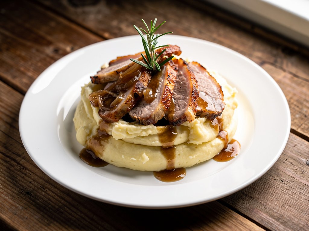 Juicy Roasted Pork Chops with Onion Gravy and Rosemary Mashed Potatoes
