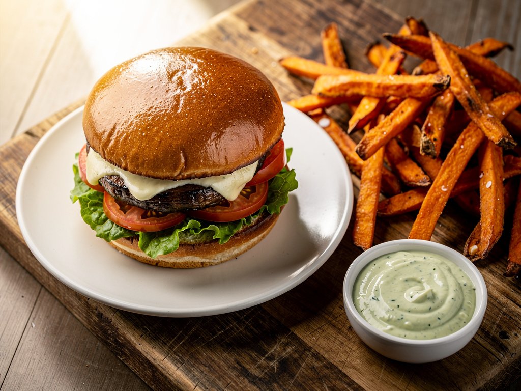 Roasted Portobello Burgers with Sweet Potato Fries and Tomato-Onion Jam