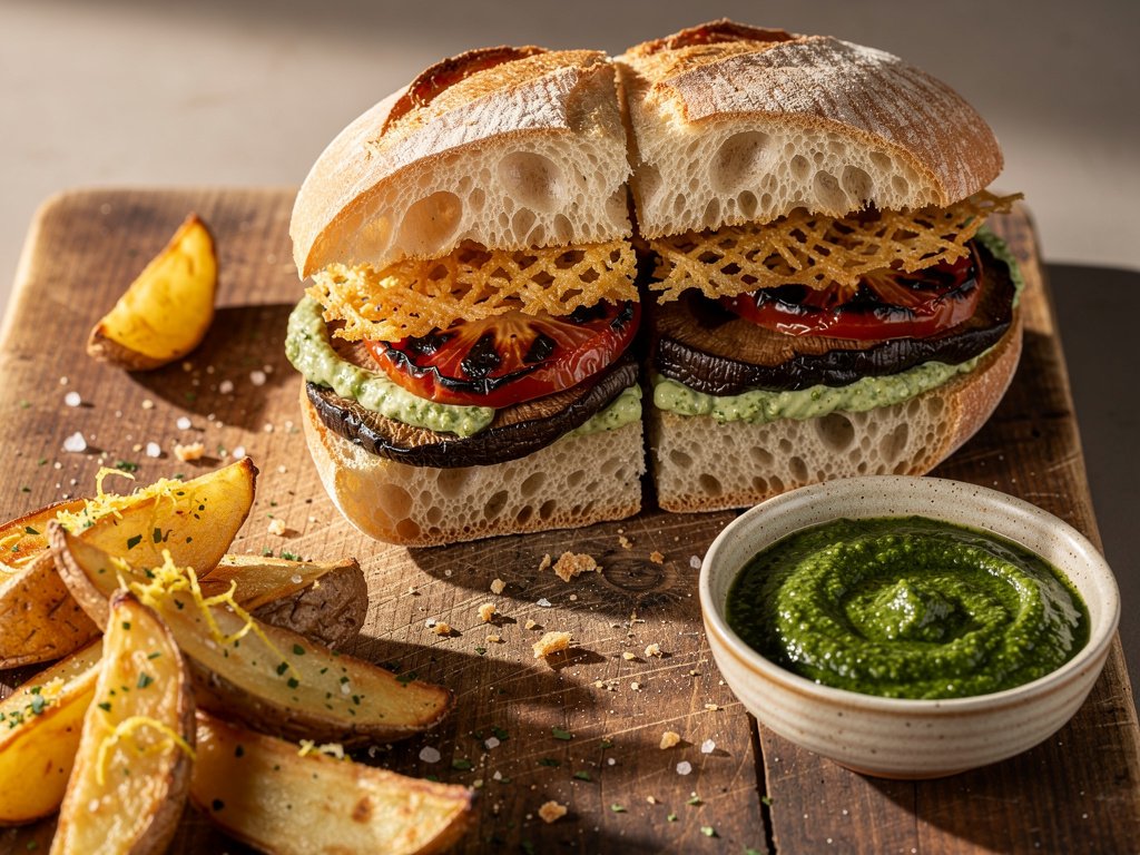 Roasted Portobello Sandwiches with Pesto Mayo and Crispy Potato Wedges