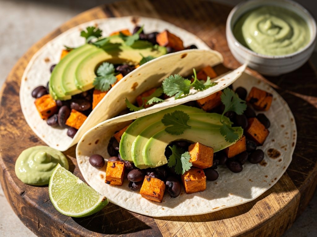 Roasted Sweet Potato and Black Bean Tacos with Avocado Crema