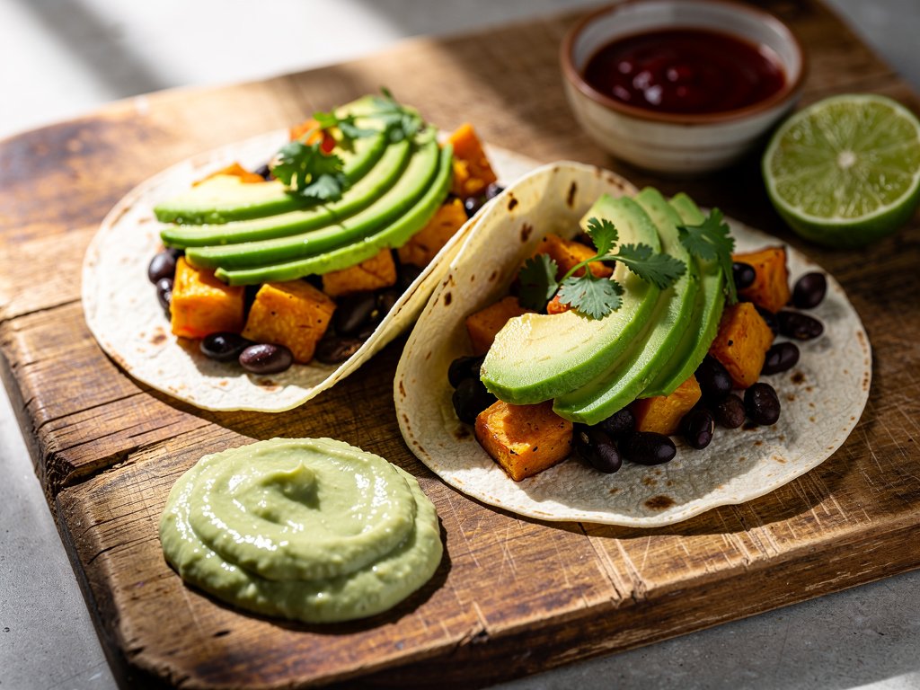 Roasted Sweet Potato and Black Bean Tacos with Avocado Crema