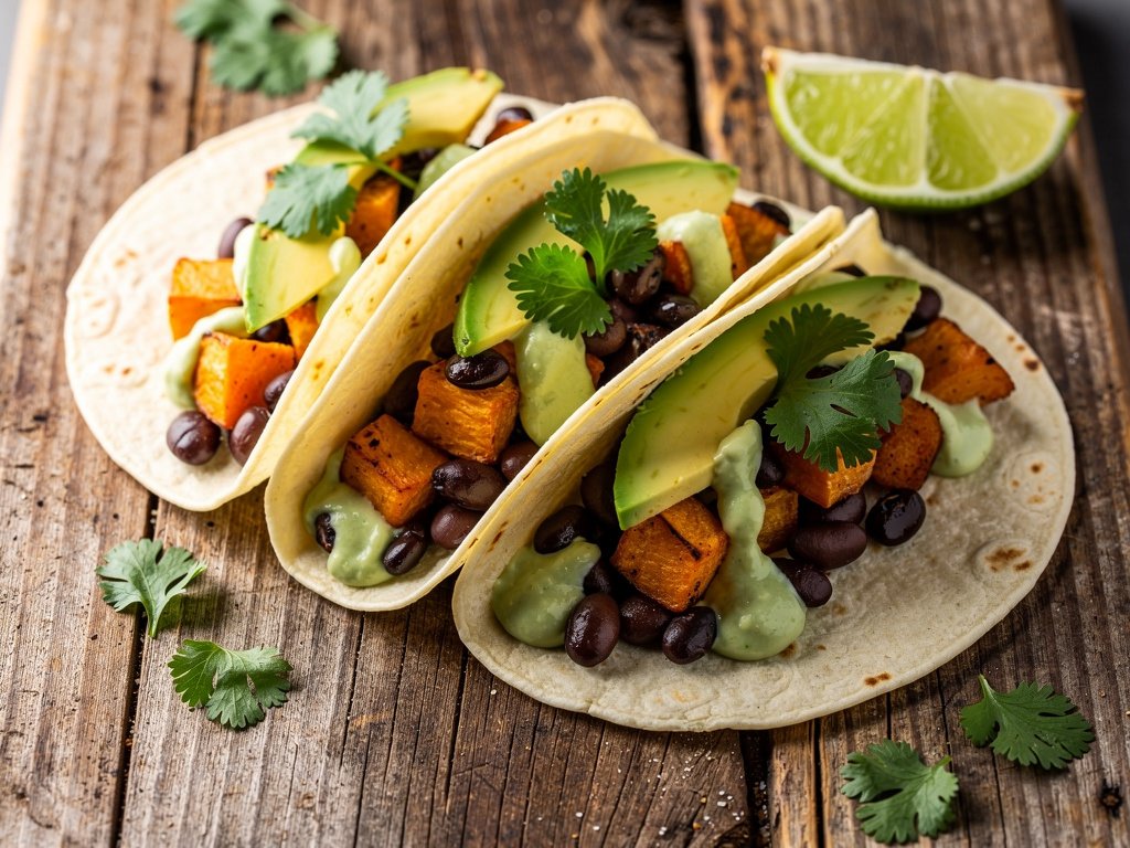 Roasted Sweet Potato and Black Bean Tacos with Avocado Crema