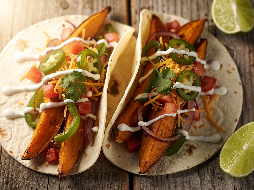 Roasted Sweet Potato Fajitas with Pepper Jack and Lime Sour Cream