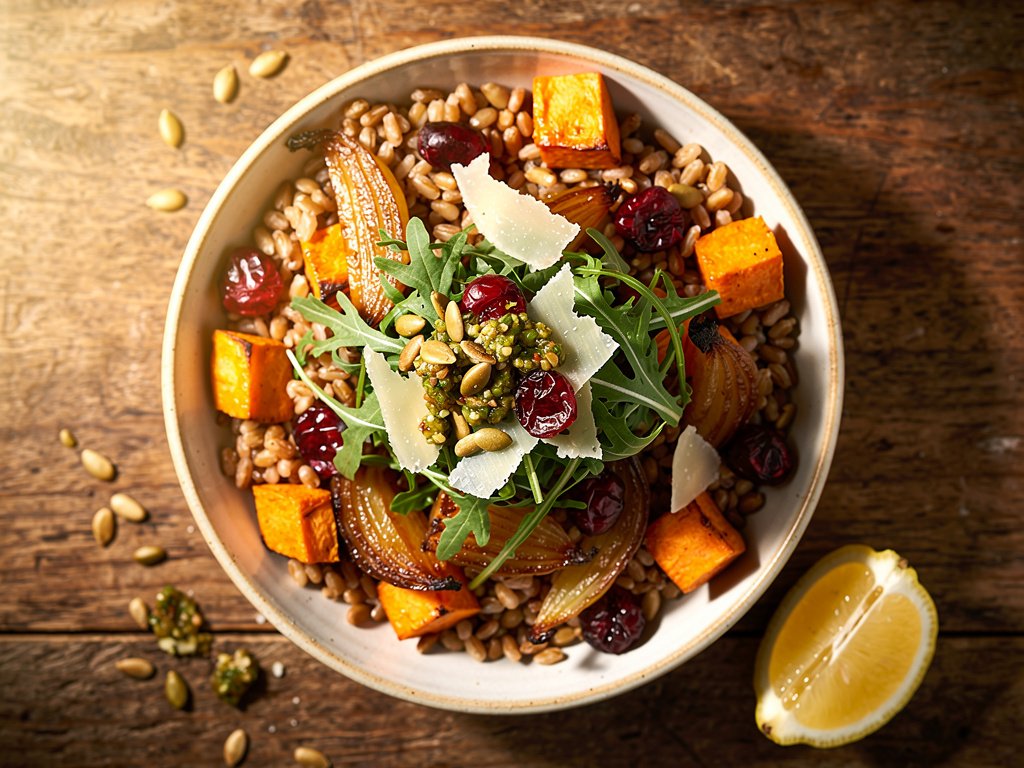 Roasted Sweet Potato and Farro Bowl with Marinated Cranberries and Salsa Verde Pepitas