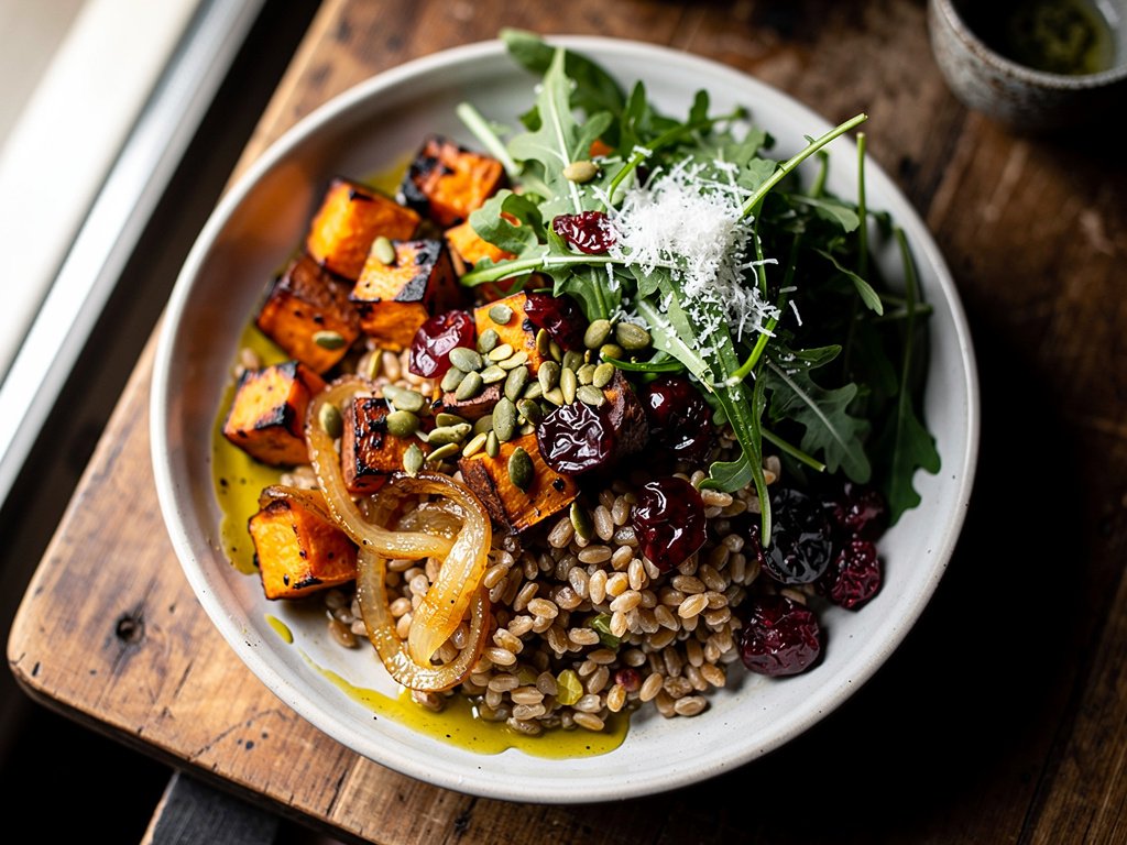 Roasted Sweet Potato Farro Bowl with Marinated Cranberries and Salsa Verde Sunflower Seeds