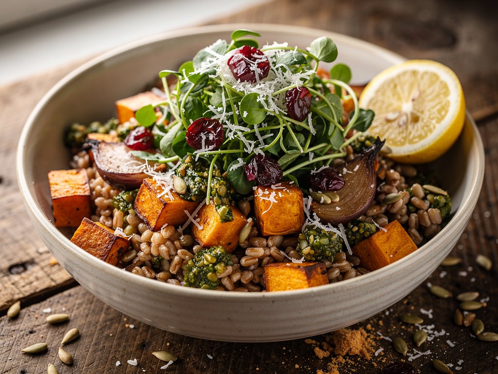 Roasted Sweet Potato and Farro Bowl with Marinated Cranberries and Salsa Verde Pepitas