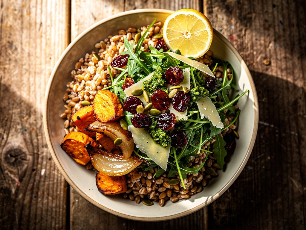 Roasted Sweet Potato and Farro Bowl with Marinated Cranberries and Salsa Verde Pepitas