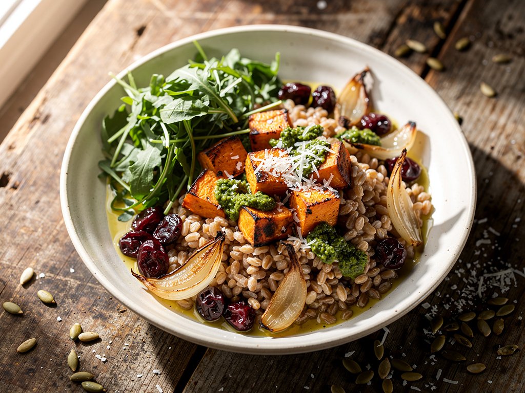 Roasted Sweet Potato and Farro Bowl with Marinated Cranberries and Salsa Verde Pepitas