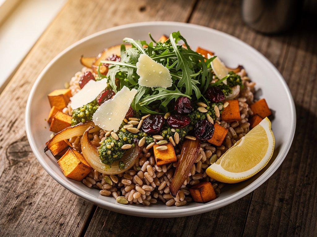Roasted Sweet Potato and Farro Bowl with Marinated Cranberries and Salsa Verde Pepitas