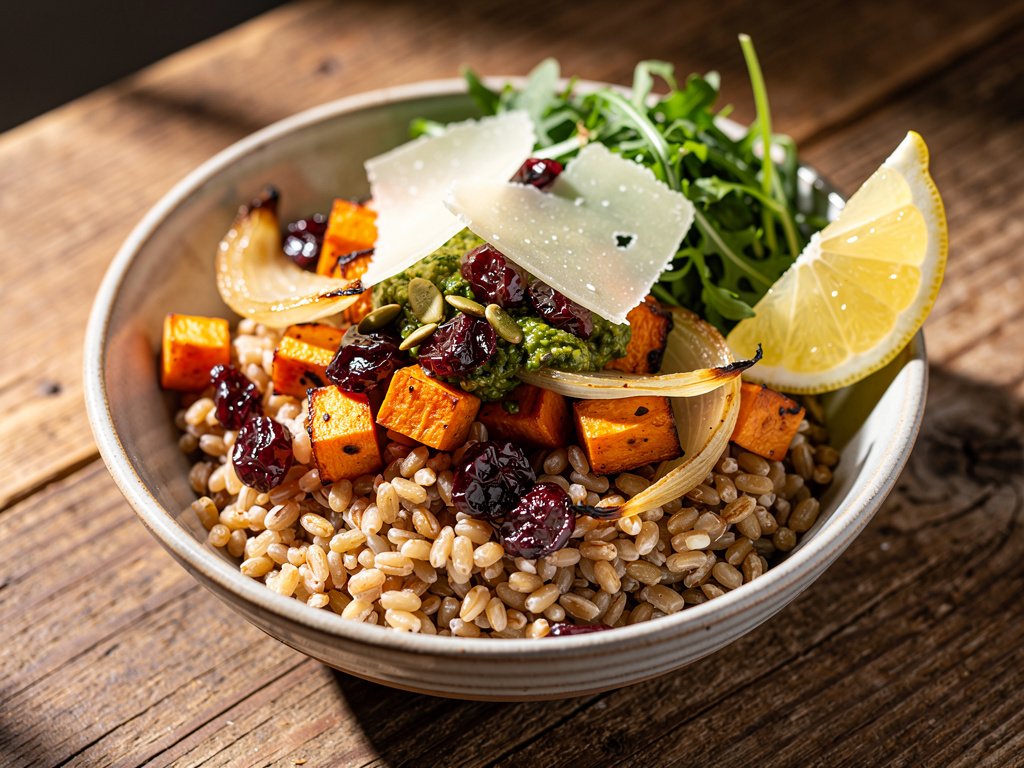 Roasted Sweet Potato and Farro Bowl with Cranberries and Salsa Verde Pepitas