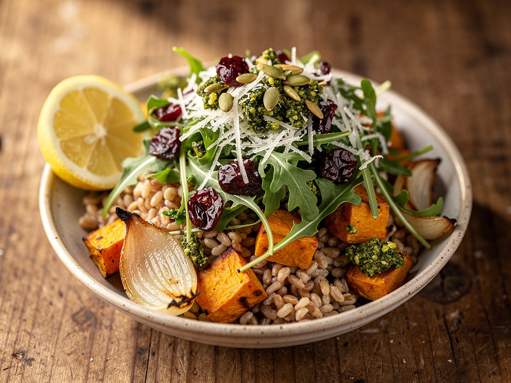 Roasted Sweet Potato and Farro Bowl with Marinated Cranberries and Salsa Verde Pepitas