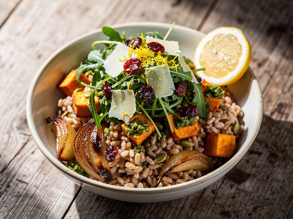 Roasted Sweet Potato and Farro Bowl with Marinated Cranberries and Salsa Verde Pepitas