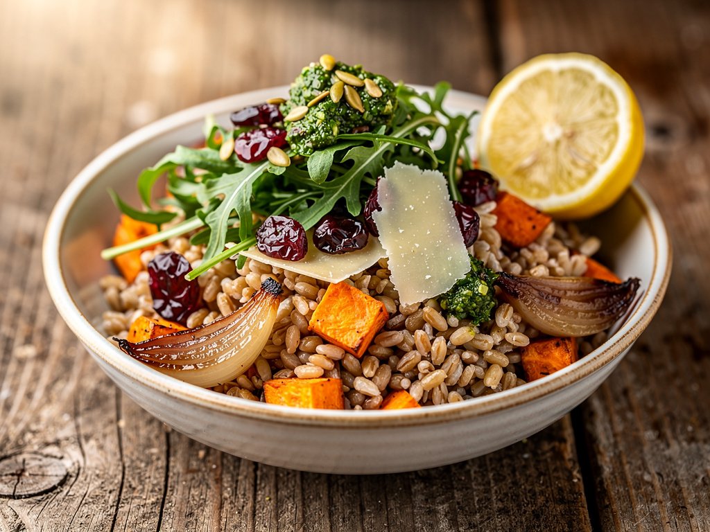 Roasted Sweet Potato and Farro Bowl with Marinated Cranberries and Salsa Verde Pepitas