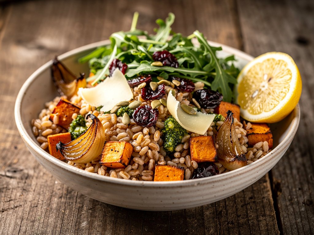 Roasted Sweet Potato and Farro Bowl with Marinated Cranberries and Salsa Verde Pepitas