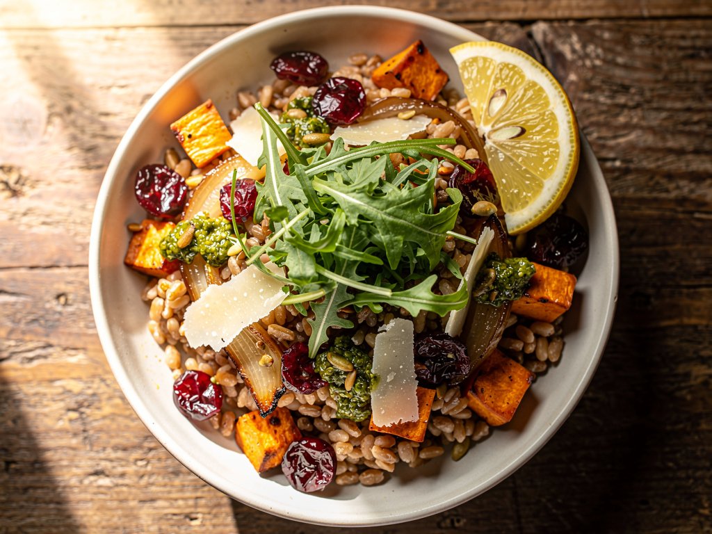 Roasted Sweet Potato and Farro Bowl with Marinated Cranberries and Salsa Verde Pepitas