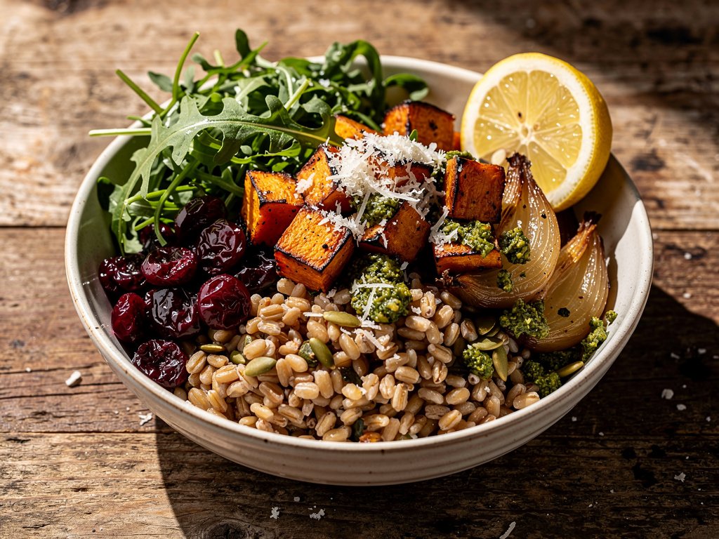 Roasted Sweet Potato Farro Bowls with Marinated Cranberries and Salsa Verde Pepitas