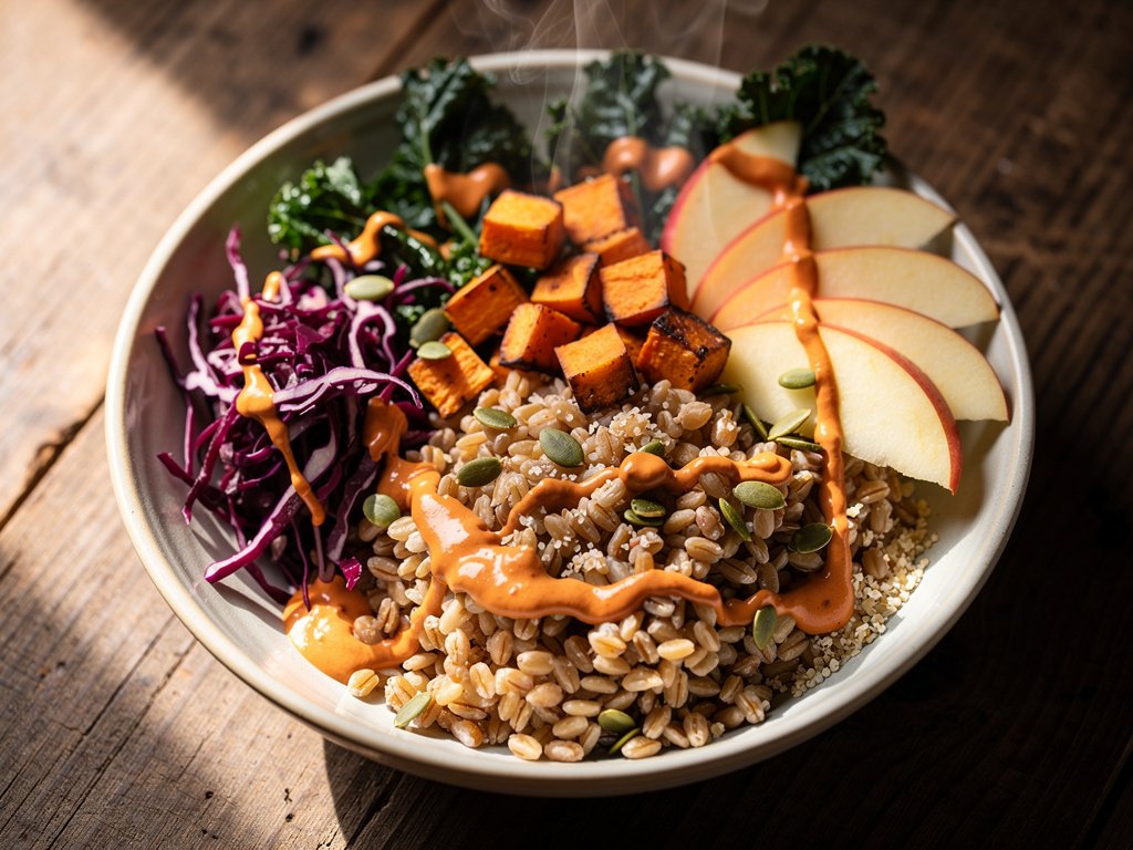 Roasted Sweet Potato and Farro Power Bowl with Creamy Harissa Dressing