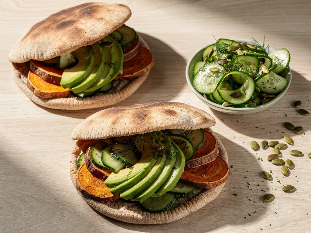Roasted Sweet Potato Pita Pockets with Avocado and Cucumber Dill Salad
