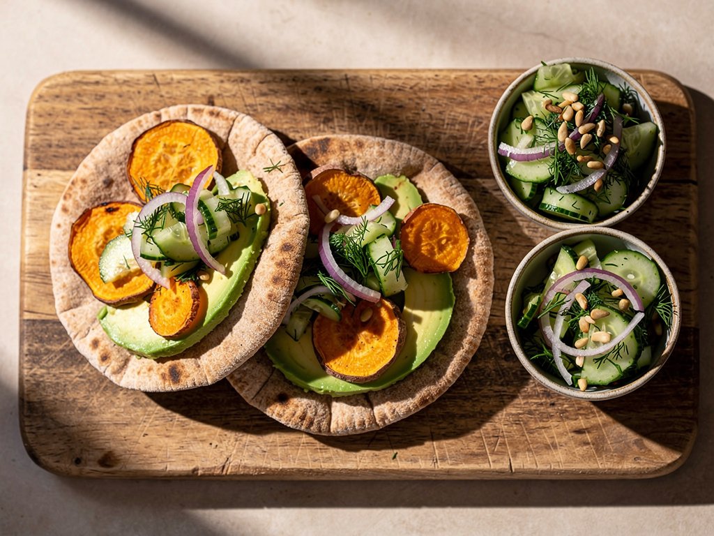 Roasted Sweet Potato Pita Pockets with Avocado and Cucumber Dill Salad