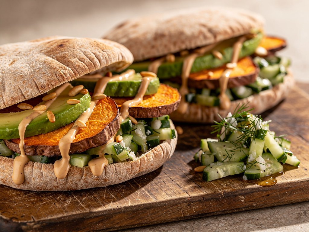 Roasted Sweet Potato Pita Pockets with Avocado and Cucumber Dill Salad