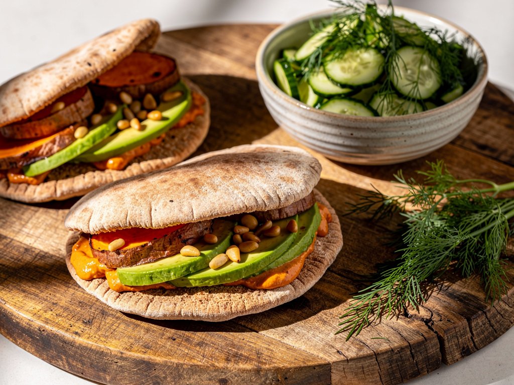 Roasted Sweet Potato Pita Pockets with Avocado and Cucumber Dill Salad