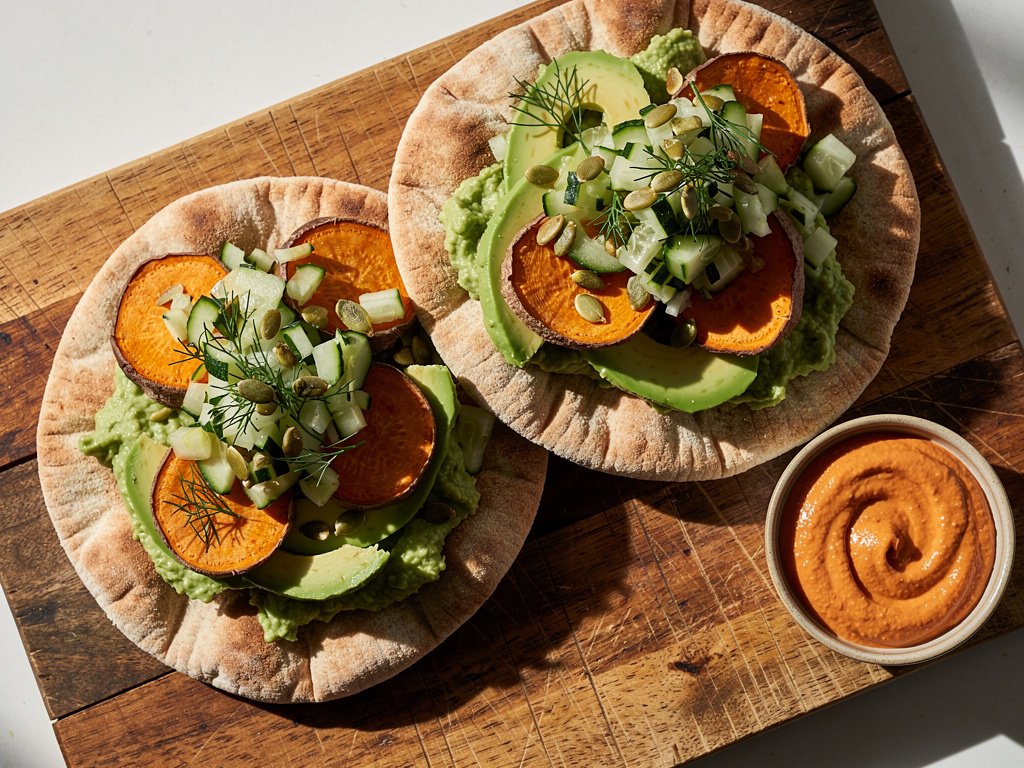 Roasted Sweet Potato Pitas with Avocado and Cucumber Dill Salad
