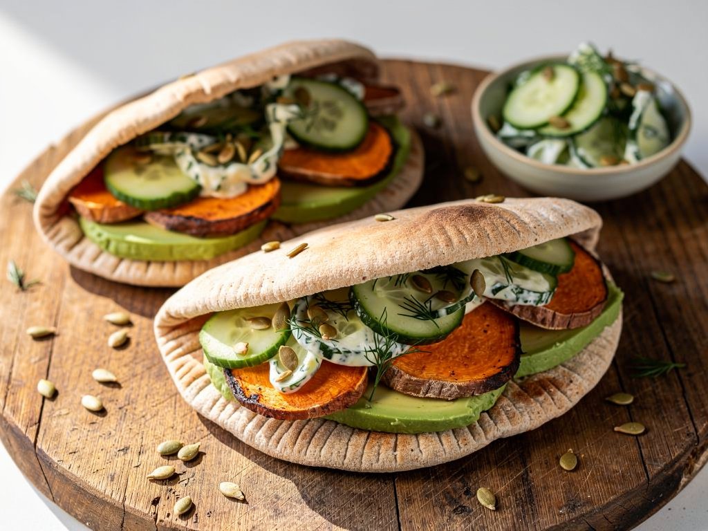 Roasted Sweet Potato Pitas with Avocado and Cucumber Dill Salad