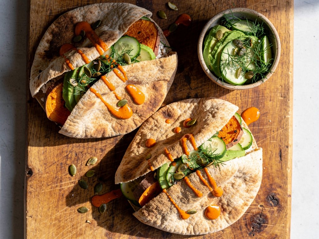 Roasted Sweet Potato Pitas with Harissa Mayo and Cucumber Dill Salad