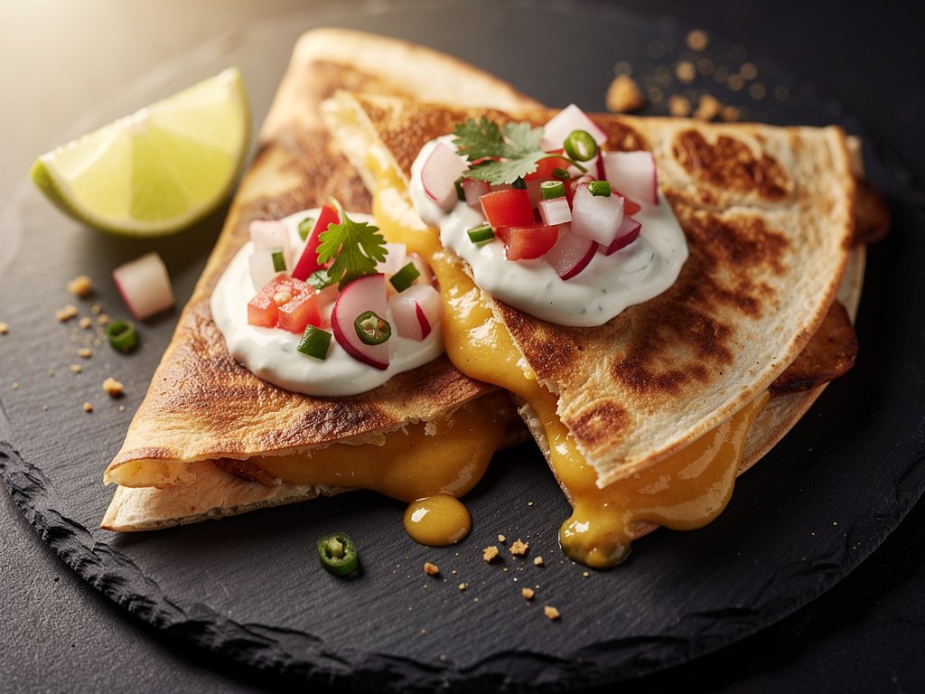 Roasted Sweet Potato and Poblano Quesadillas with Southwest Crema and Radish Tomato Salsa