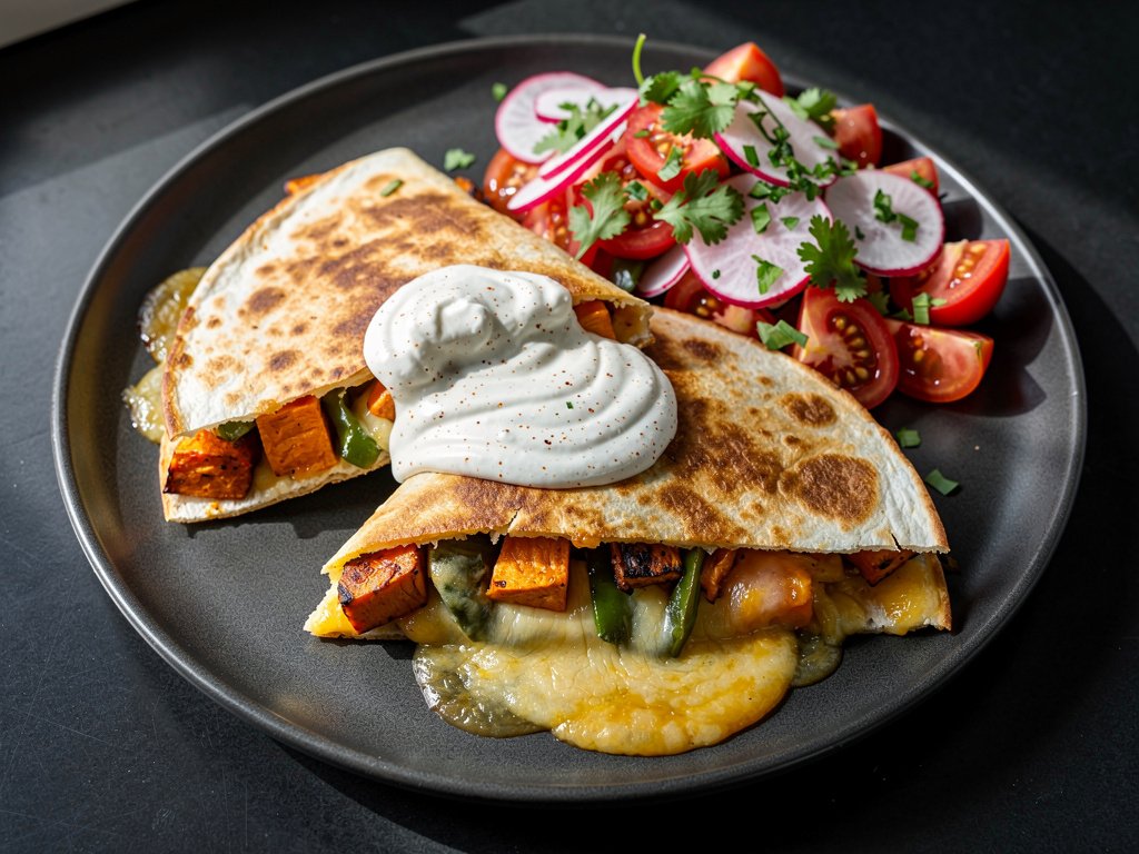 Roasted Sweet Potato and Poblano Quesadillas with Southwest Crema and Radish Tomato Salad