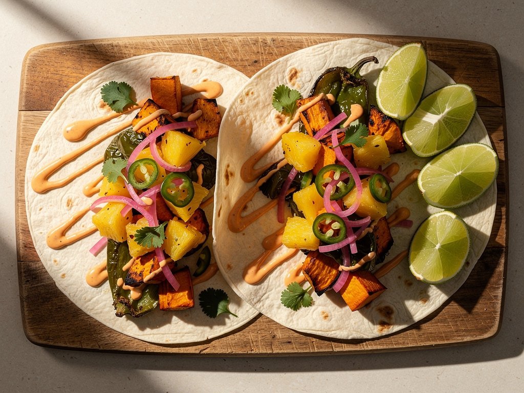 Roasted Sweet Potato and Poblano Tacos with Warm Pineapple Salsa