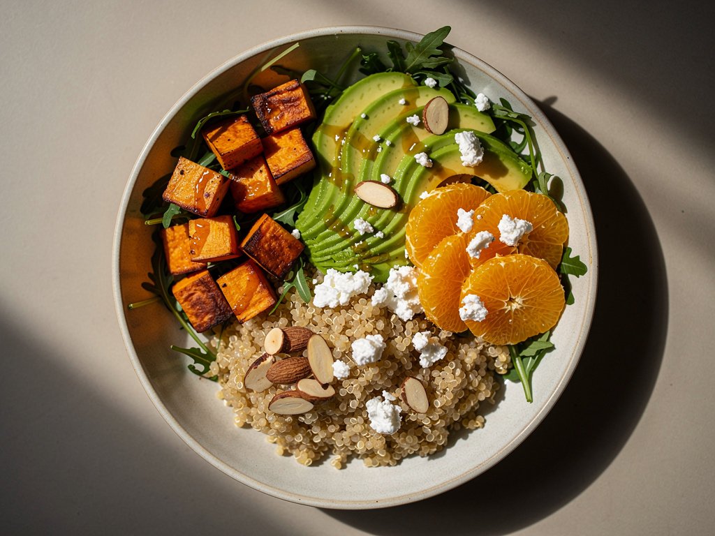 Roasted Sweet Potato and Quinoa Bowl with Avocado, Orange, and Feta