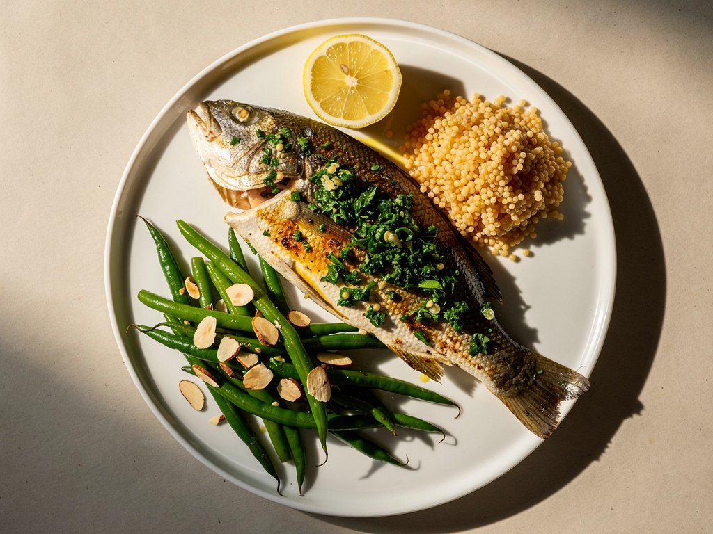 Roasted Tilapia with Almond Parsley Gremolata and Green Beans Amandine