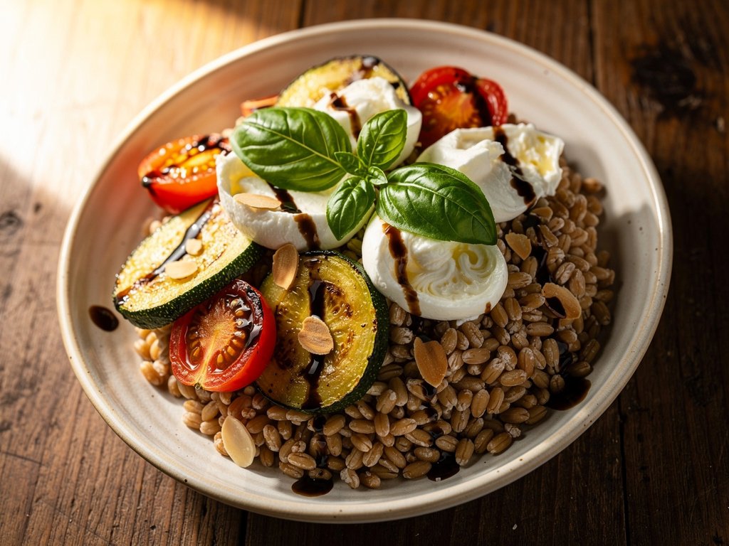Roasted Veggie Caprese Grain Bowl with Farro and Balsamic Vinaigrette