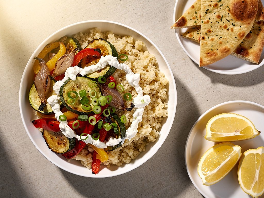 Roasted Veggie Couscous Bowl with Creamy Feta Sauce and Garlic Pita Chips