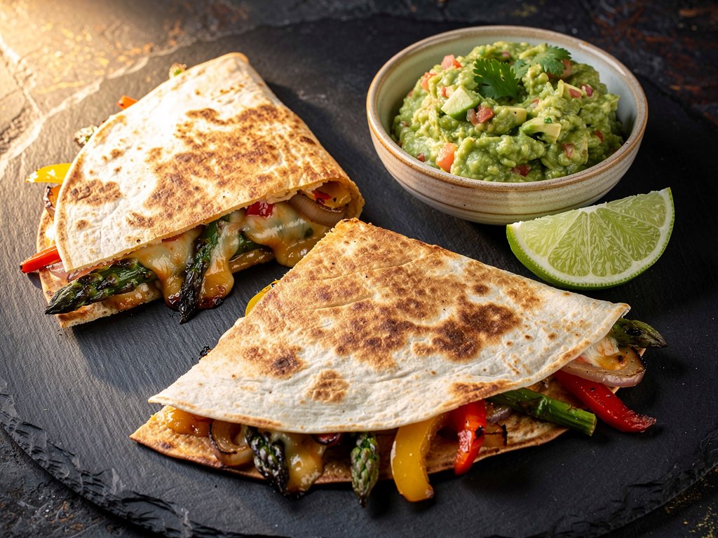 Roasted Veggie Quesadillas with Chipotle Mayo and Guacamole
