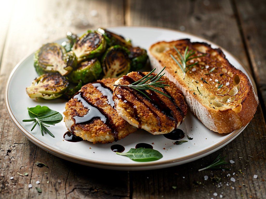 Rosemary Balsamic Chicken with Garlic Bread and Roasted Brussels Sprouts