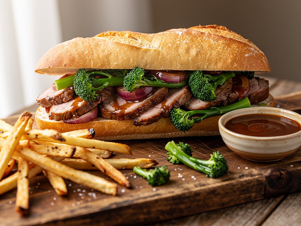 Rosemary-Braised Pork Tenderloin Sandwich with Crispy Parsnip Fries and Broccolini