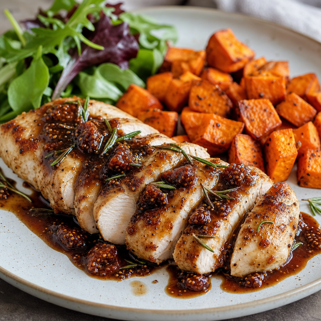Rosemary Chicken with Balsamic Fig Pan Sauce, Roasted Sweet Potatoes and Greens