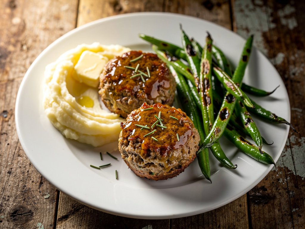 Rosemary and Garlic Mini Meatloaves with Creamy Mashed Potatoes and Green Beans