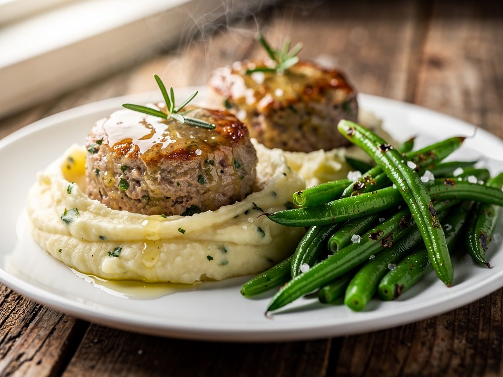 Rosemary Mini Meatloaves with Garlic Mashed Potatoes and Roasted Green Beans