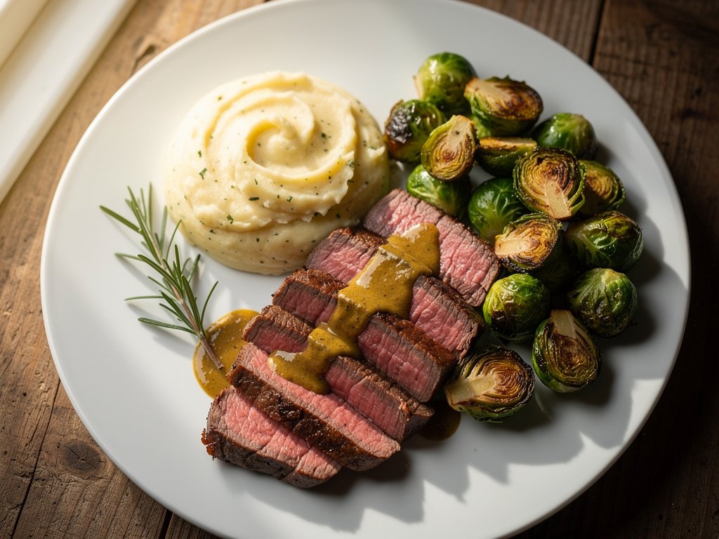 Rosemary Mustard Sirloin Steak with Garlic Mashed Potatoes and Roasted Brussels Sprouts