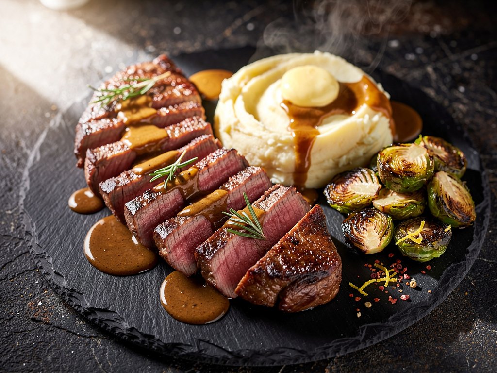 Rosemary Mustard Sirloin Steaks with Garlic Mashed Potatoes and Roasted Brussels Sprouts