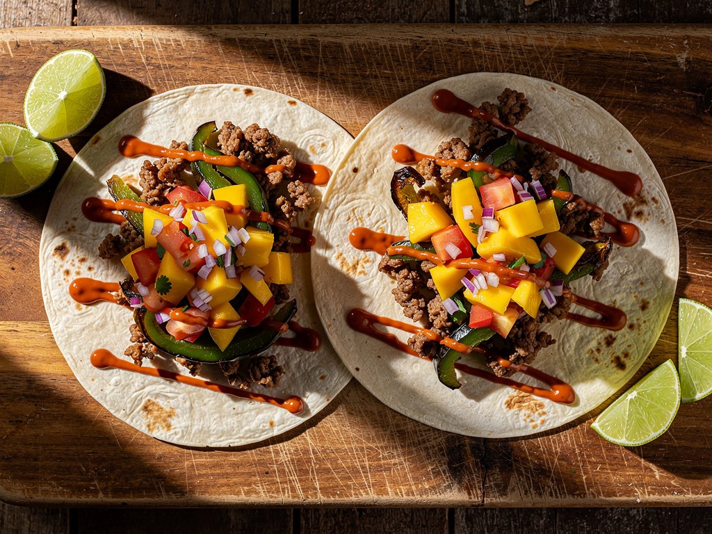 Saucy Beef and Charred Pepper Tacos with Mango Salsa and Smoky Crema