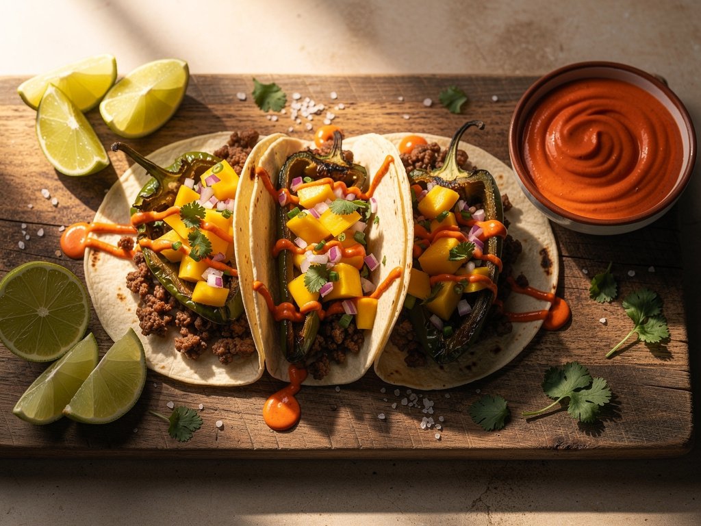 Saucy Beef and Poblano Tacos with Mango Salsa and Smoky Crema