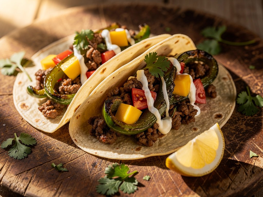 Saucy Beef and Poblano Tacos with Mango Salsa and Smoky Sour Cream